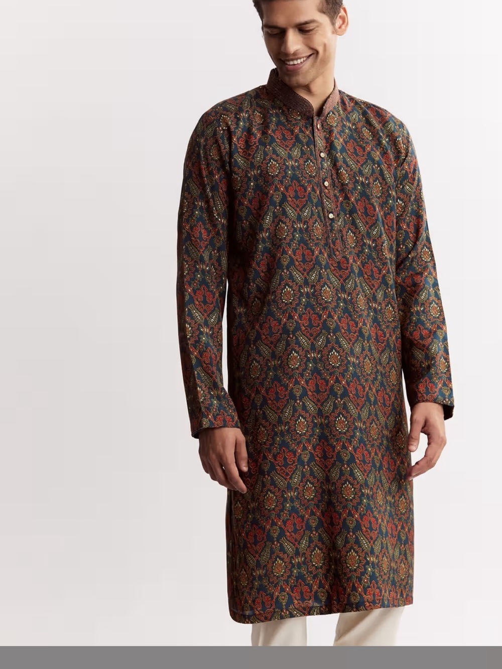 Chanderi Printed Kurta Set With Mandarin Collar